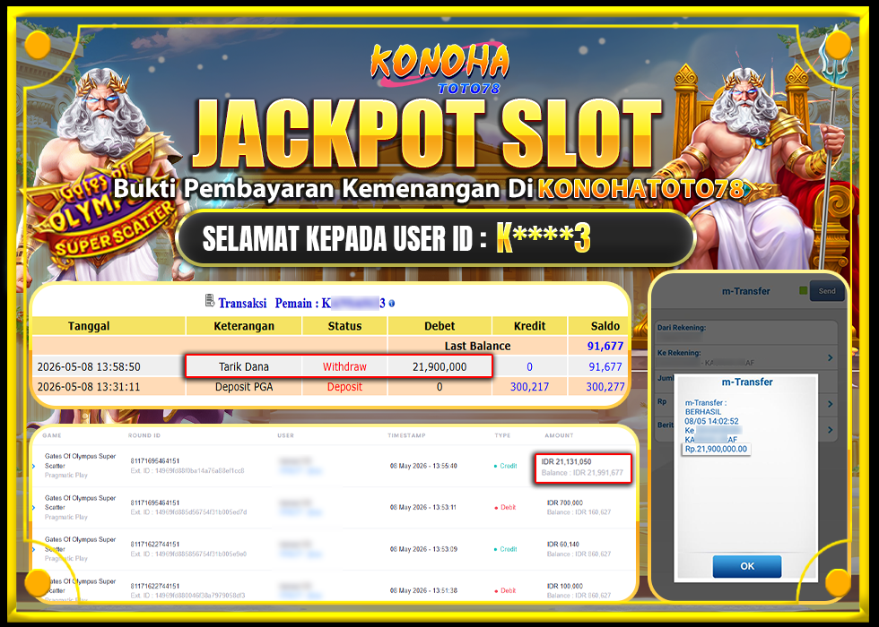 KONOHATOTO78 JACKPOT GATES OF OLYMPUS SUPER SCATTER Rp.21.900.000,-LUNAS